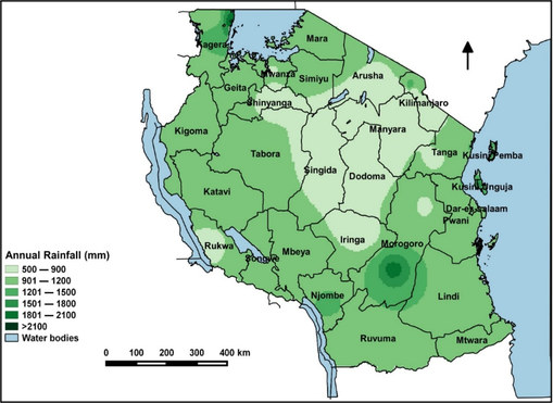 Map of Tanzania showing the distribution of annual rainfall by region